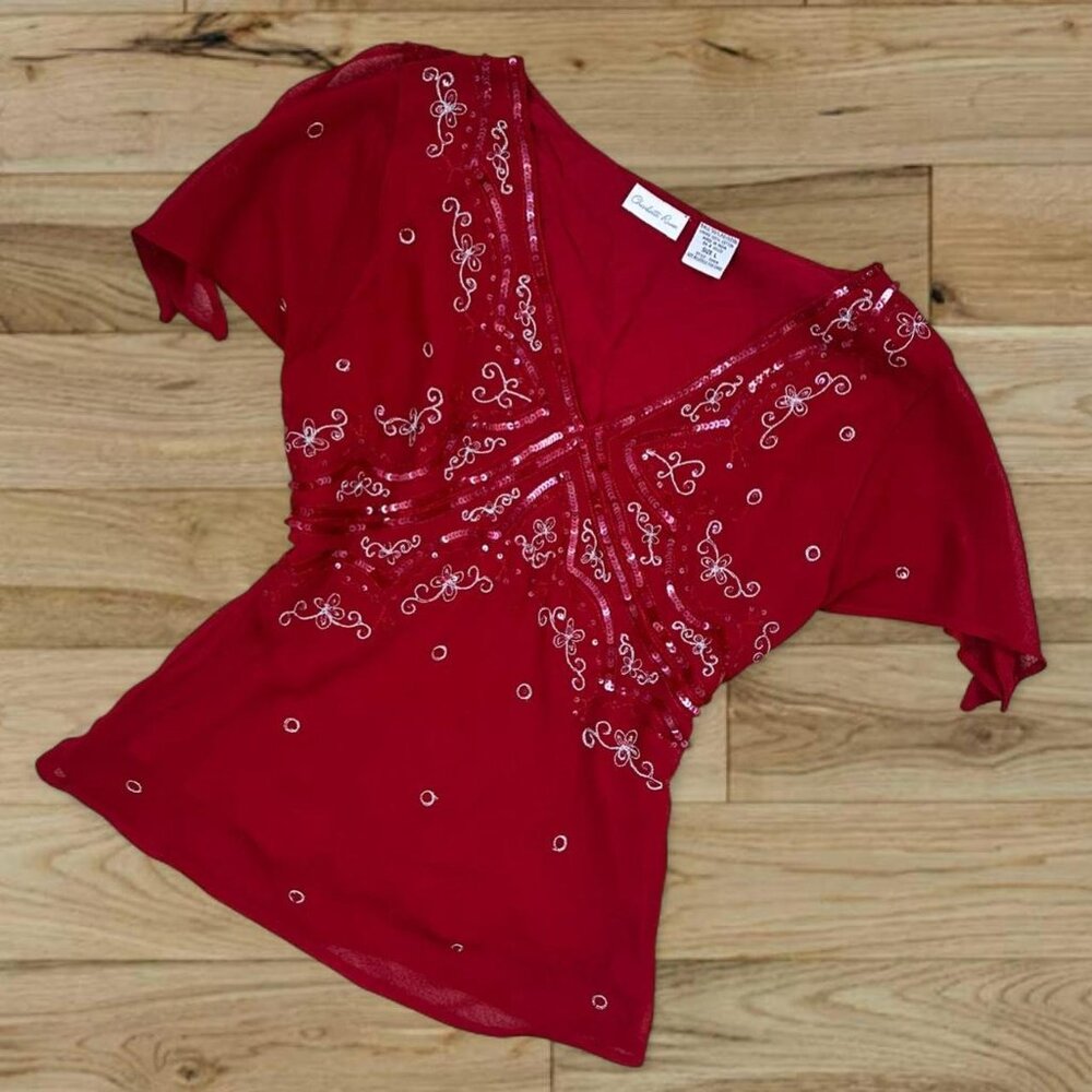 Vintage Y2K Red Sequin Charlotte Russe Blouse Top 🍒 bedazzled blouse